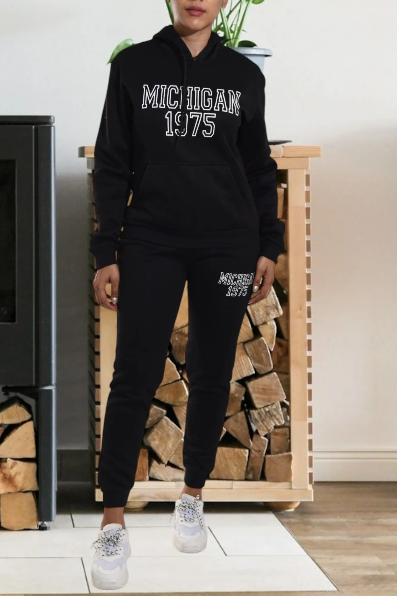 Letter Graphic Black Hoody Tracksuit Set