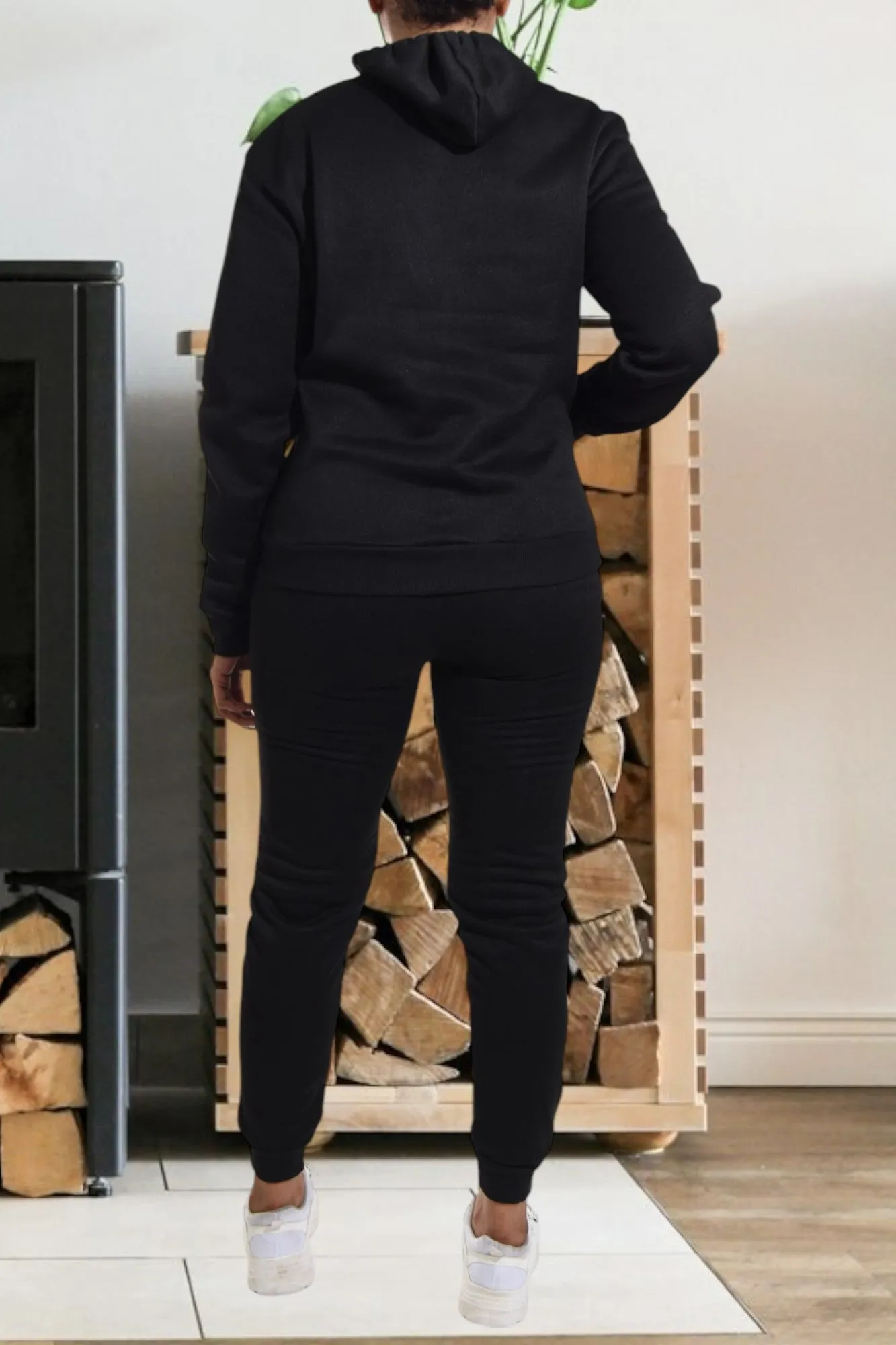 Letter Graphic Black Hoody Tracksuit Set