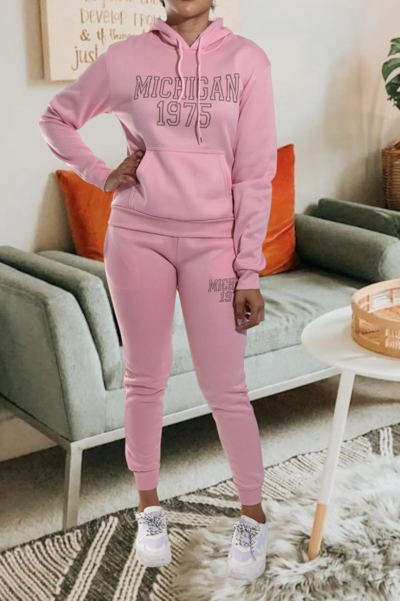 Letter Graphic Pink Hoody Tracksuit Set