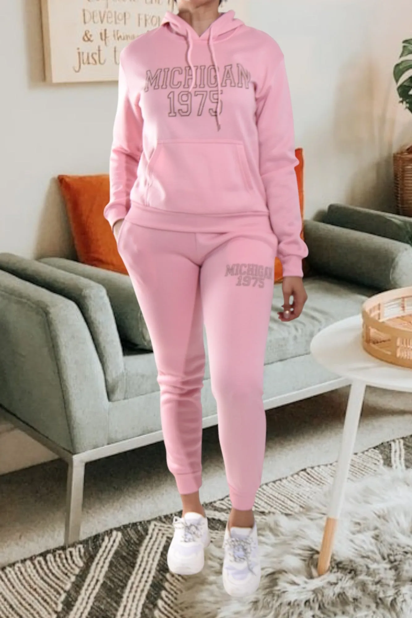 Letter Graphic Pink Hoody Tracksuit Set