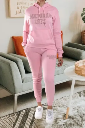 Letter Graphic Pink Hoody Tracksuit Set