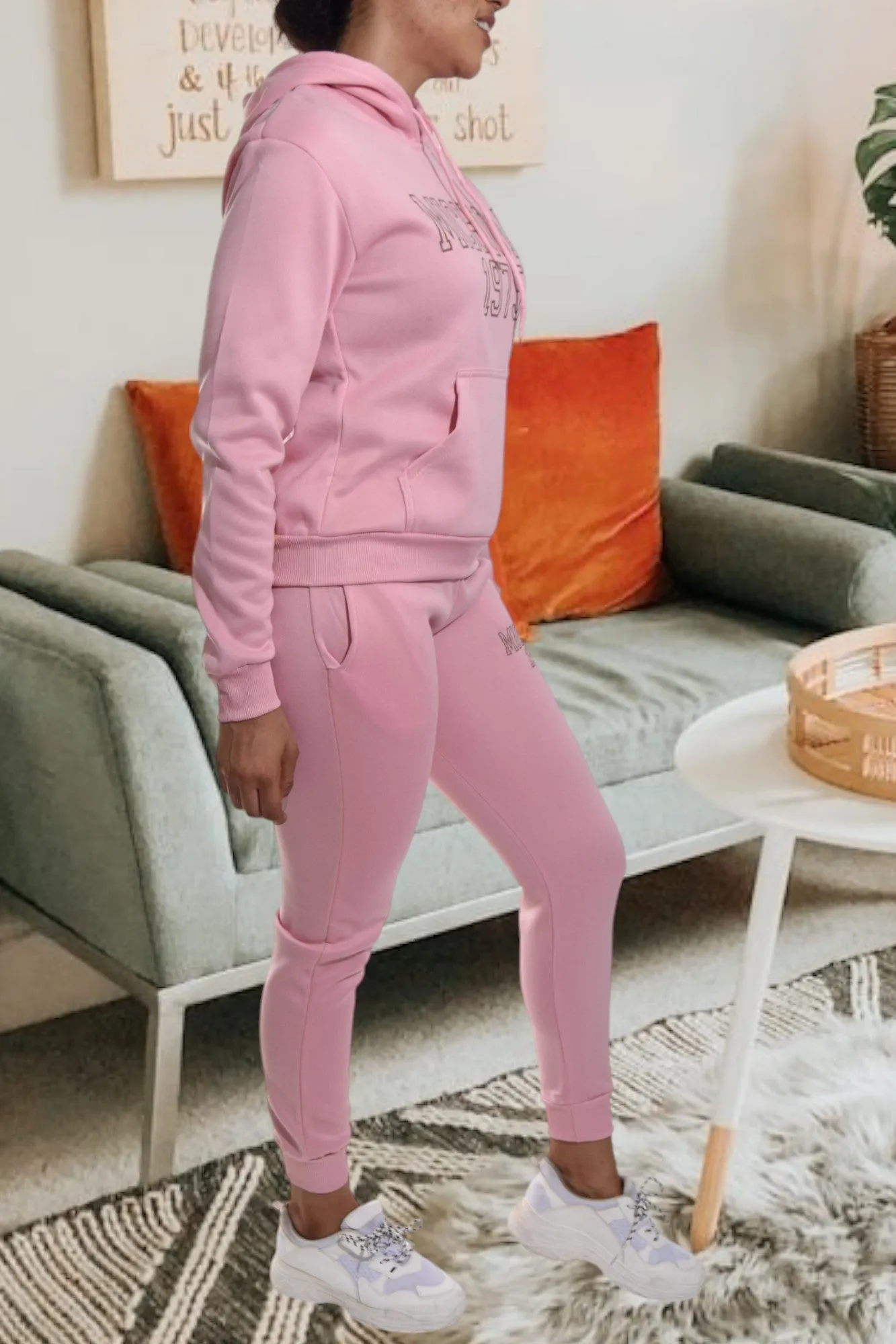 Letter Graphic Pink Hoody Tracksuit Set