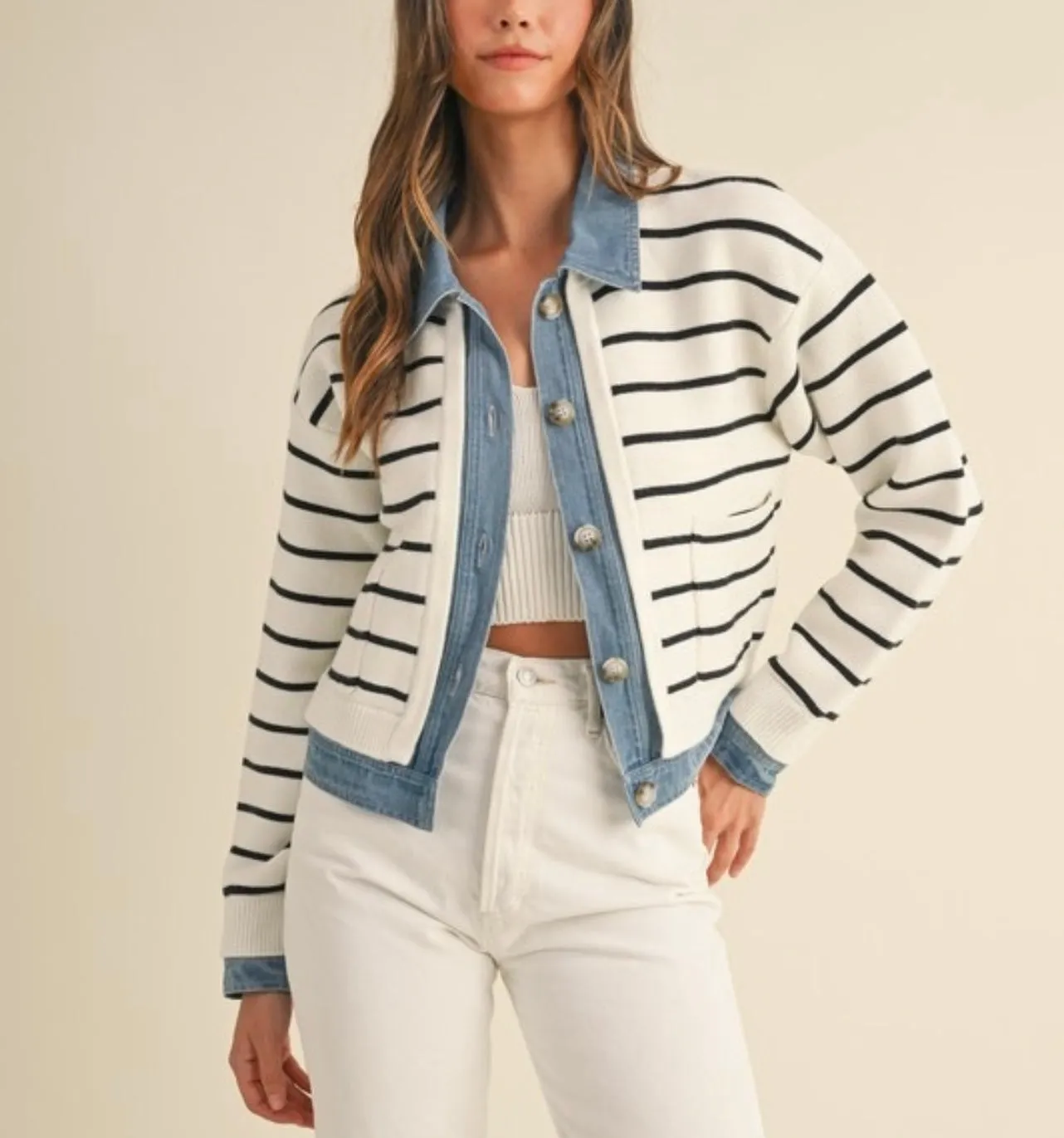 Lowen Stripe and Denim Mix Button Down Cardigan