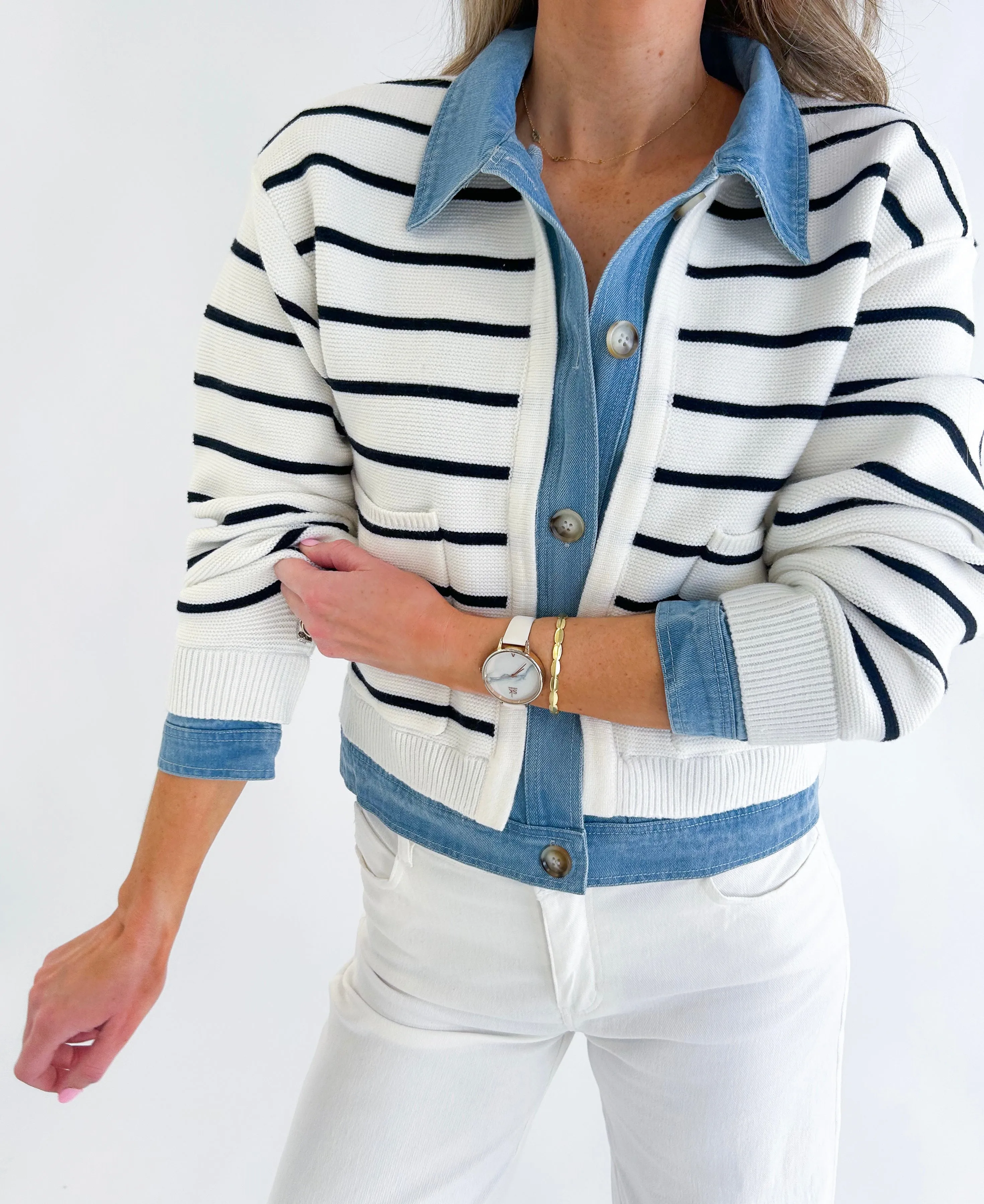Lowen Stripe and Denim Mix Button Down Cardigan