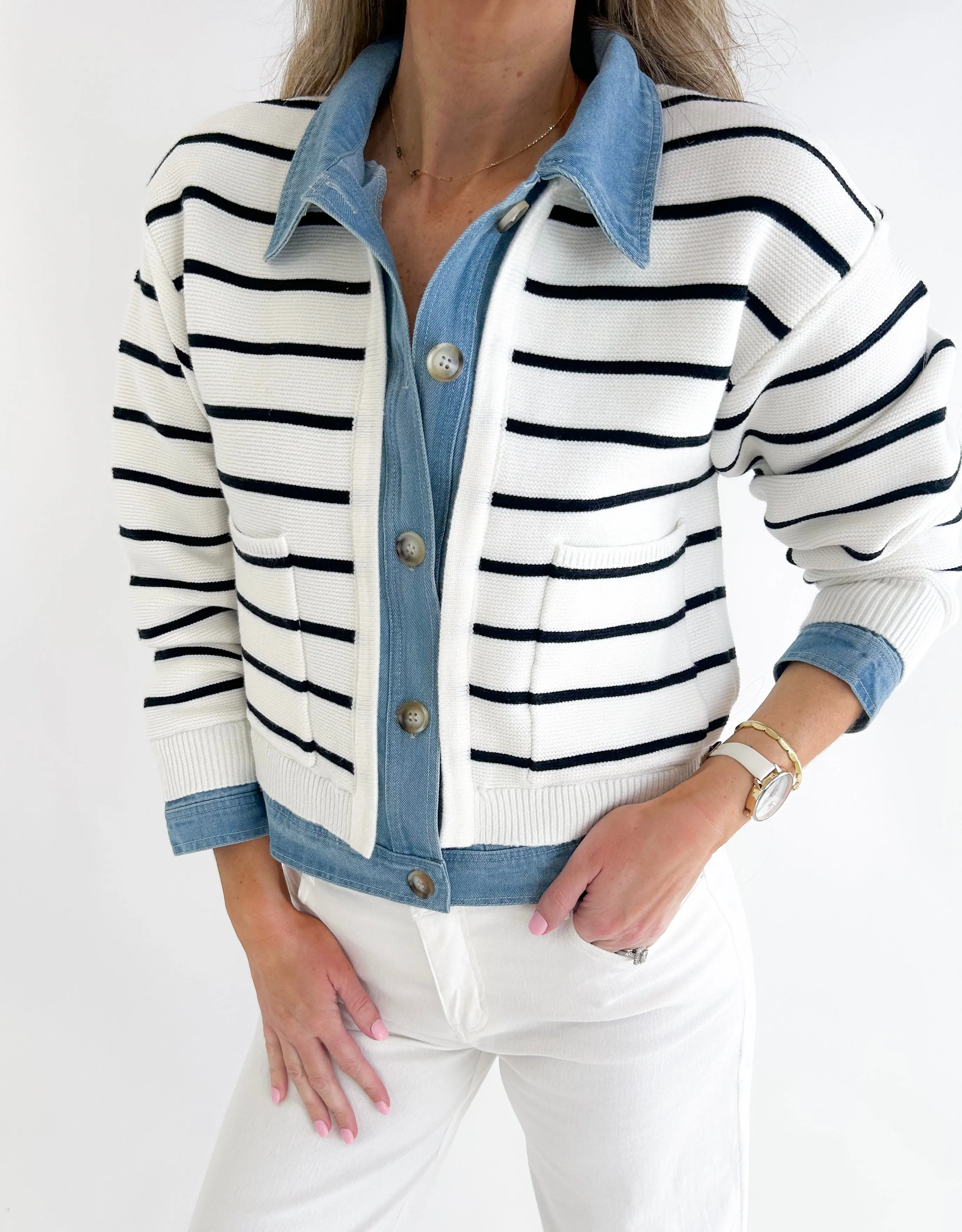 Lowen Stripe and Denim Mix Button Down Cardigan
