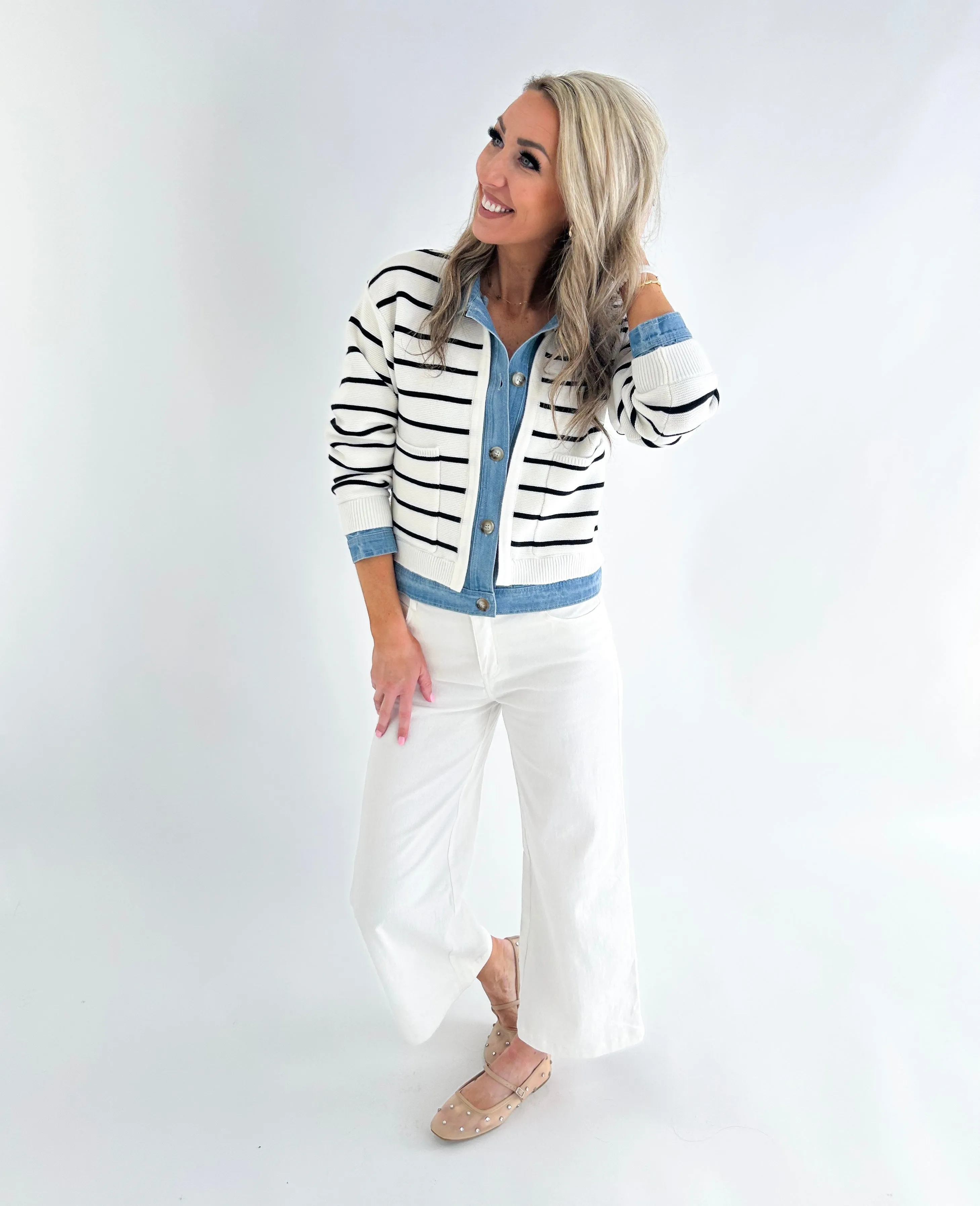 Lowen Stripe and Denim Mix Button Down Cardigan