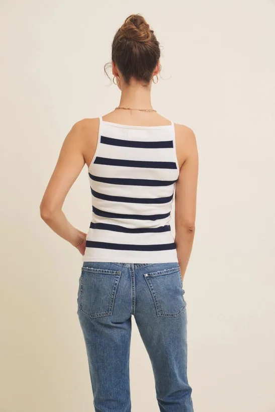 Marina Striped Boat Neck Tank Top - Navy/White
