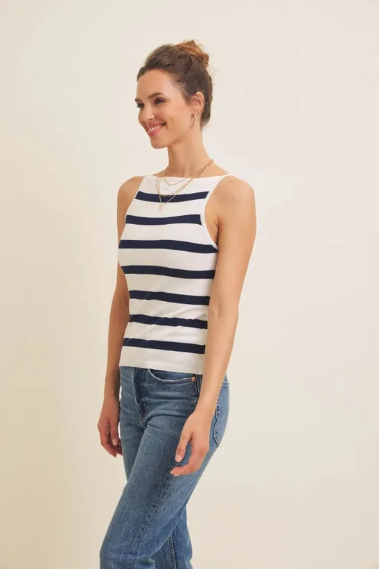 Marina Striped Boat Neck Tank Top - Navy/White