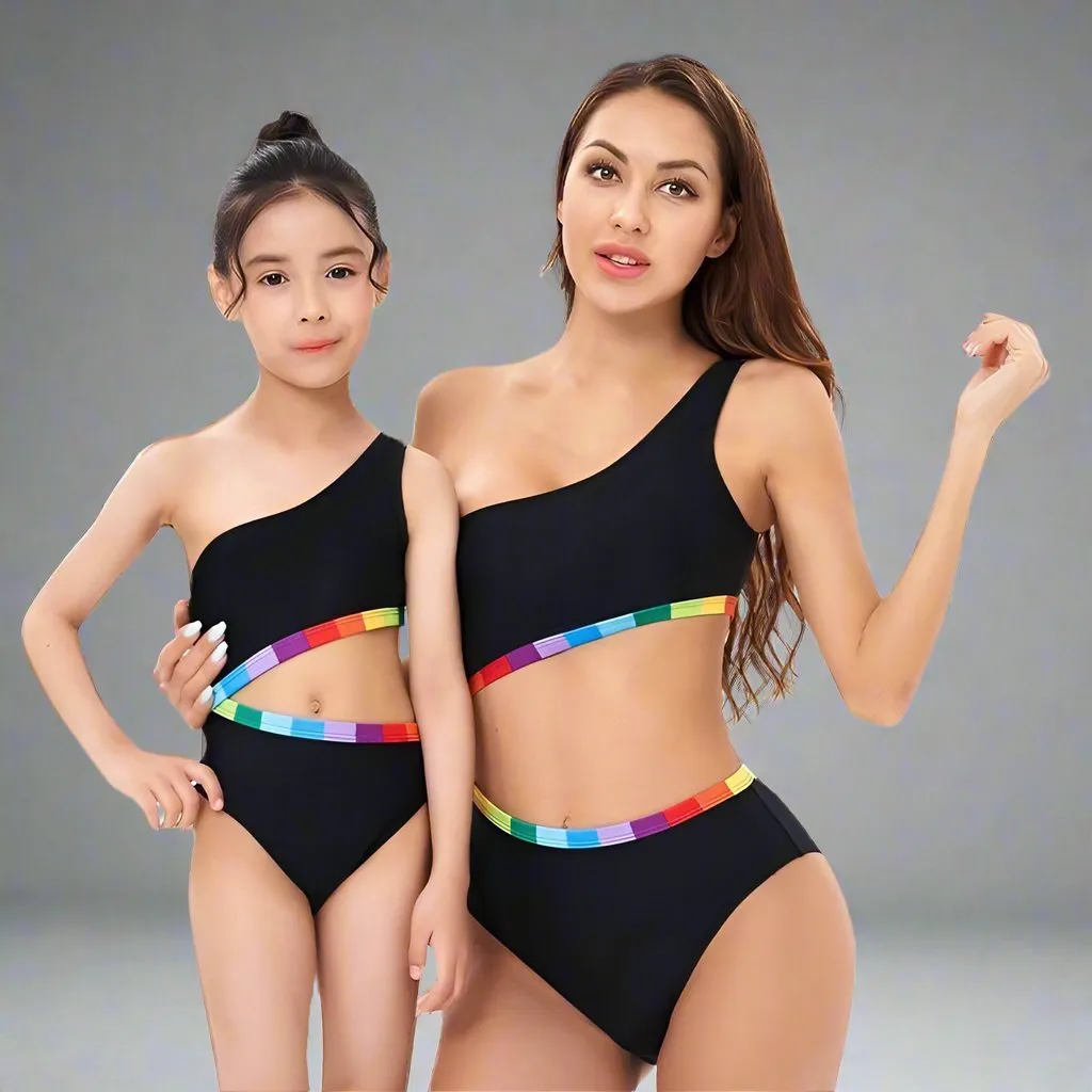Matching Mother Daughter One Shoulder Swimsuit
