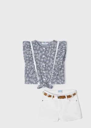 Mayoral 3179 100% Cotton Ink Loose Shirt and 234 White Twill Shorts with Belt In Stock Now