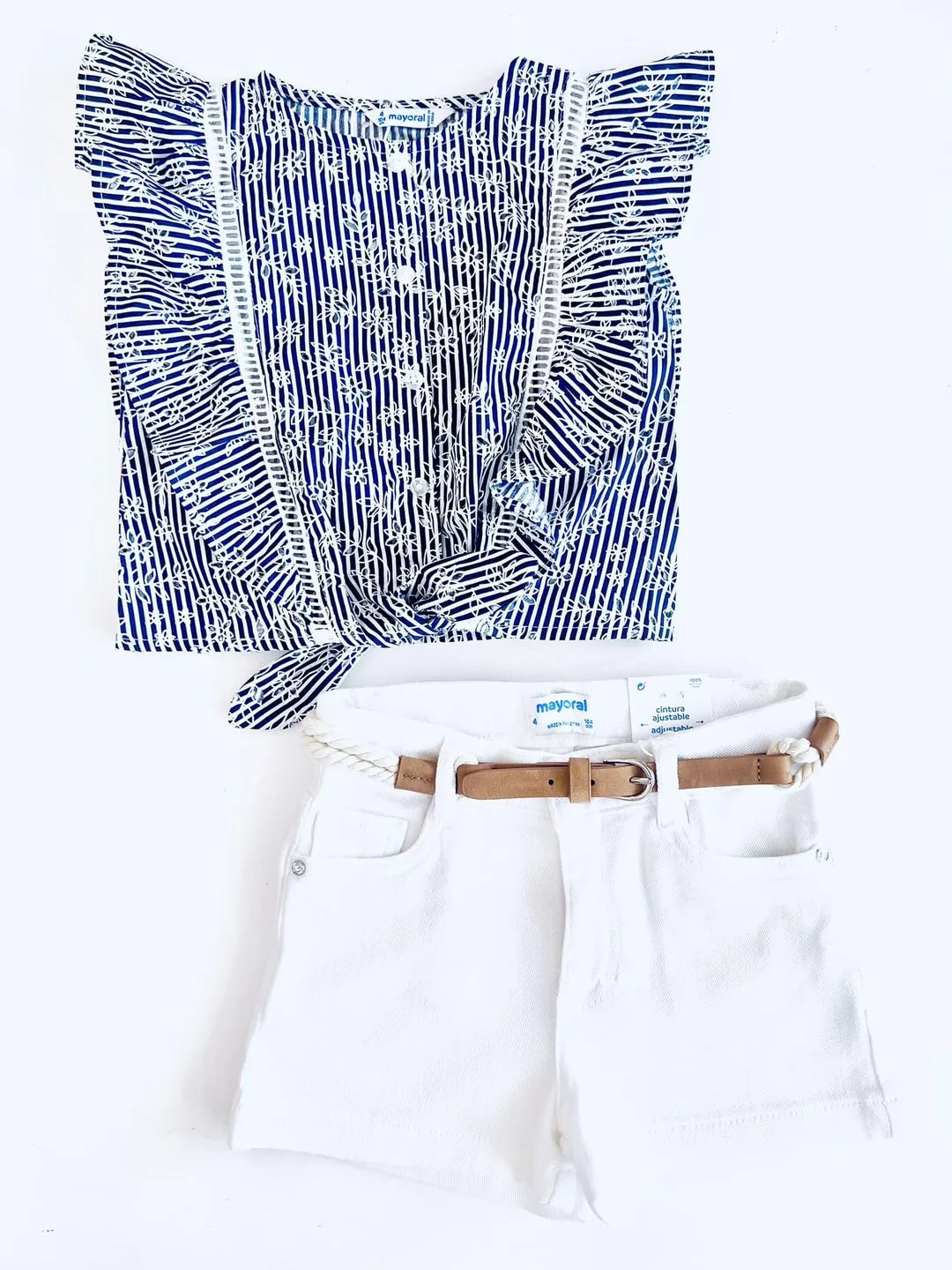 Mayoral 3179 100% Cotton Ink Loose Shirt and 234 White Twill Shorts with Belt In Stock Now