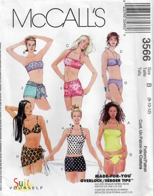 McCall's 3566 Womens Stretch Tankini Shorts Swimsuit & Mini Wrap Skirt Out Of Print Sewing Pattern Size 8 - 12 or 10 - 14 UNCUT Factory Folded