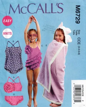 McCall's 6729 Toddler Girls Stretch Swimsuits Panties & Cover Up Out Of Print Sewing Pattern Size 4/5/6 UNCUT Factory Folded