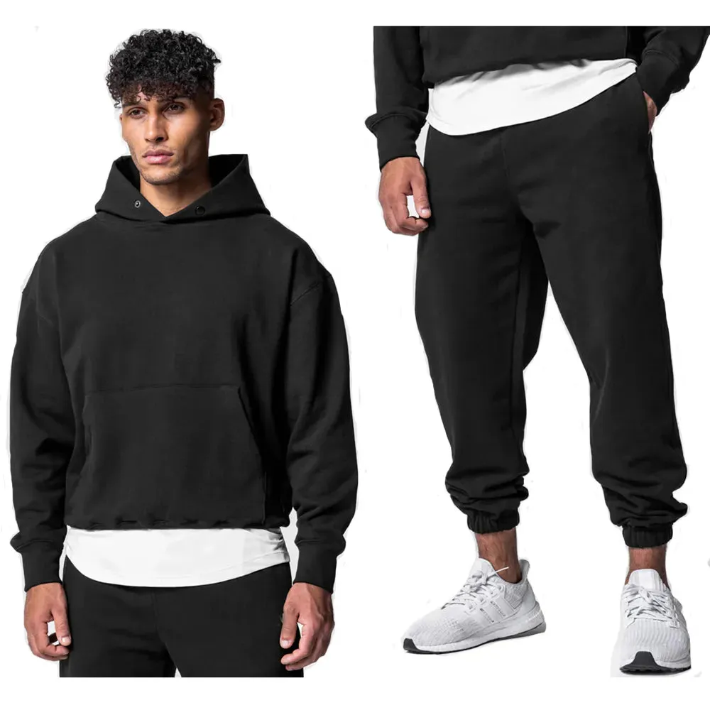 Men's Thick Cotton Training Sets Hoodie Casual Sports Pullover Hooded 2-piece Top with Pants Sweatshirts