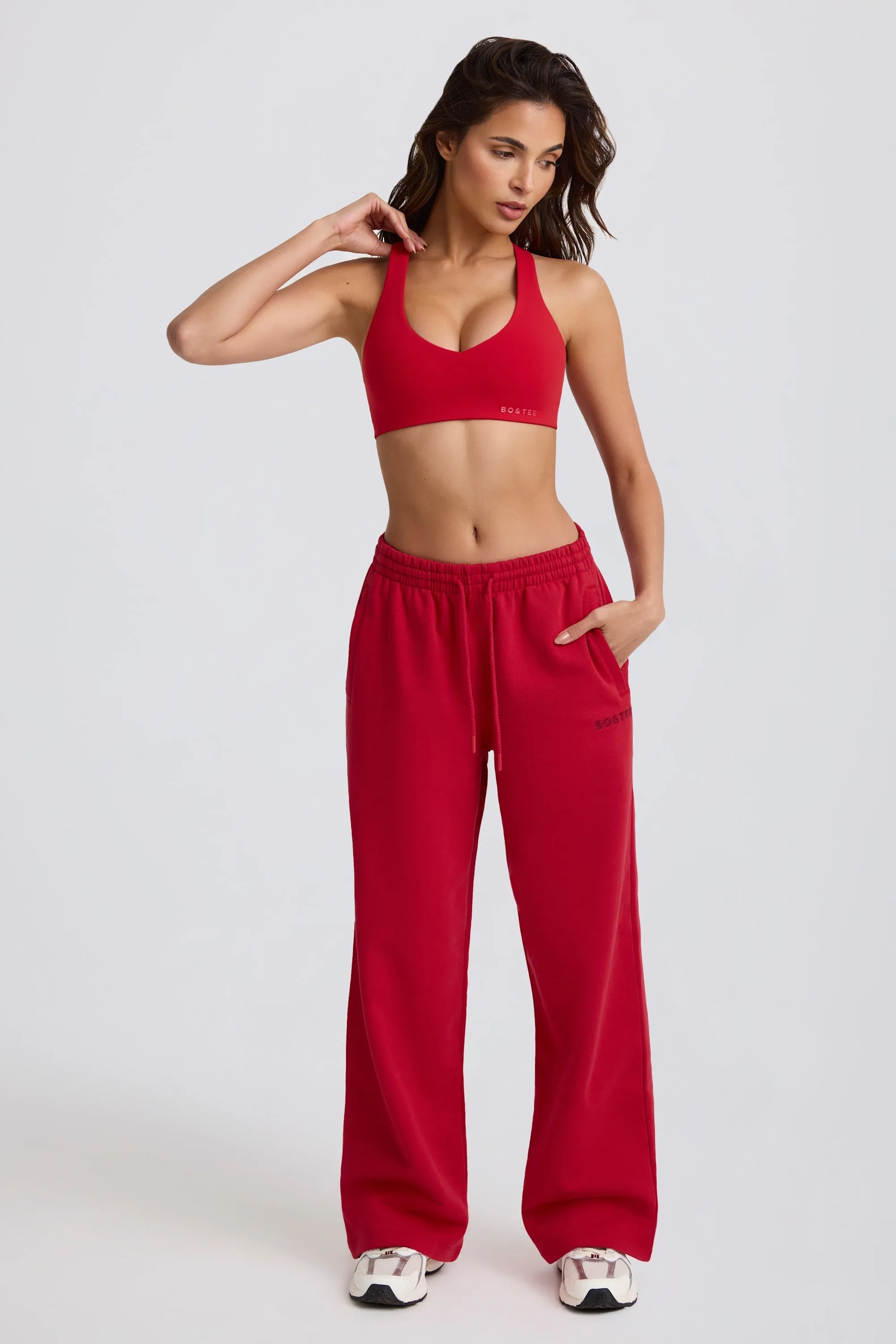 Mid-Rise Wide-Leg Joggers in Hot Red
