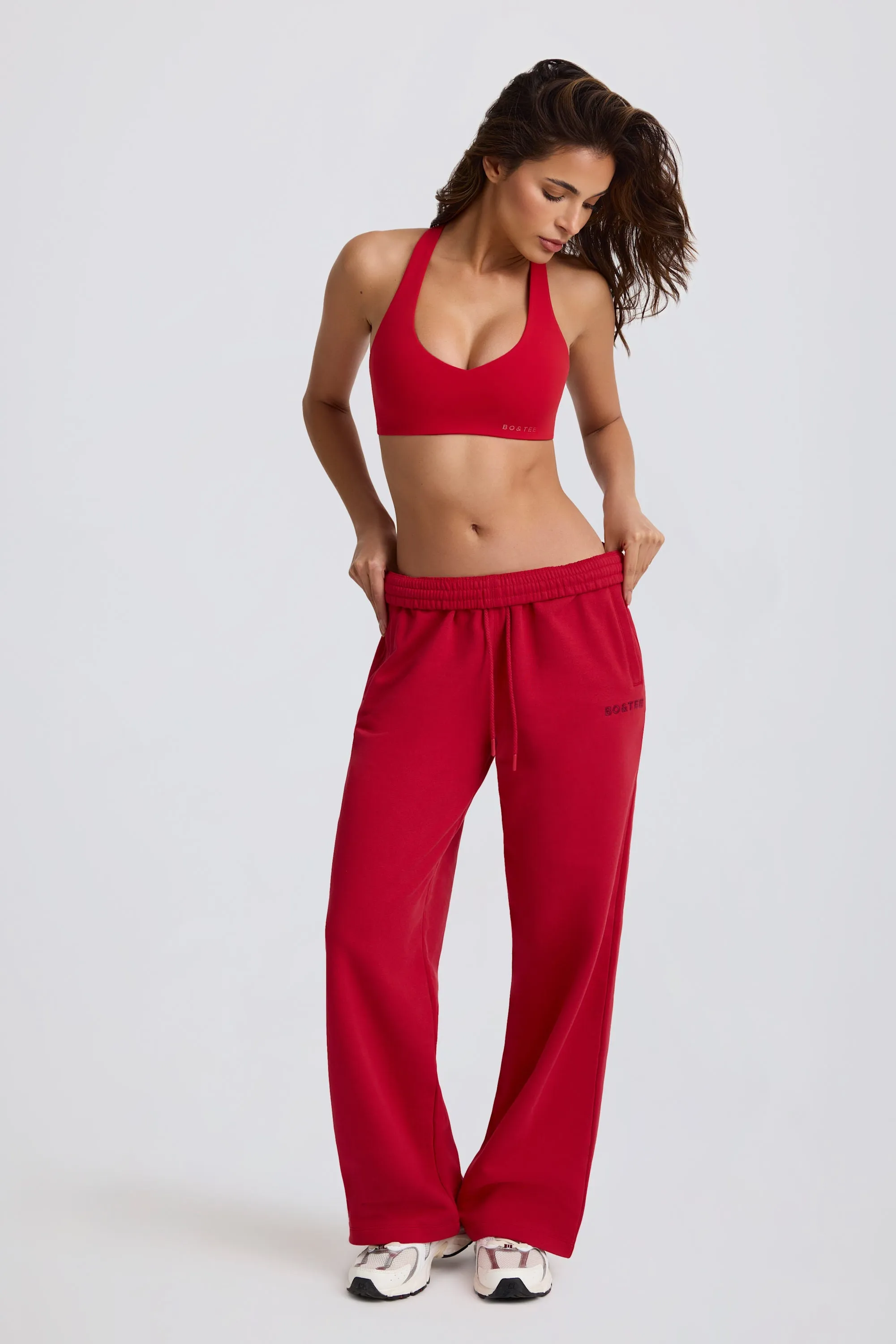 Mid-Rise Wide-Leg Joggers in Hot Red