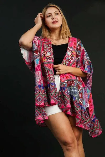 Mixed Print Ruffle Hem Open Front Cover Up