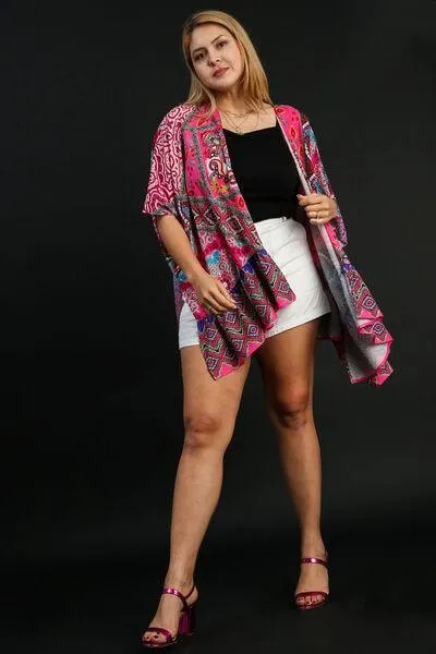 Mixed Print Ruffle Hem Open Front Cover Up