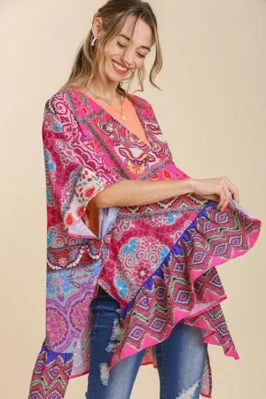 Mixed Print Ruffle Hem Open Front Cover Up