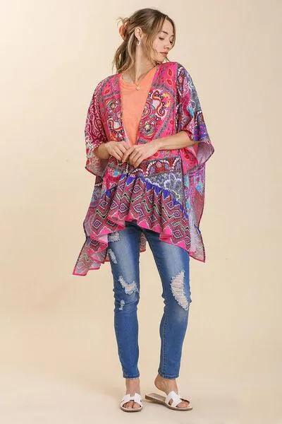 Mixed Print Ruffle Hem Open Front Cover Up