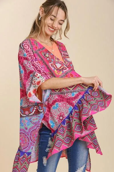 Mixed Print Ruffle Hem Open Front Cover Up