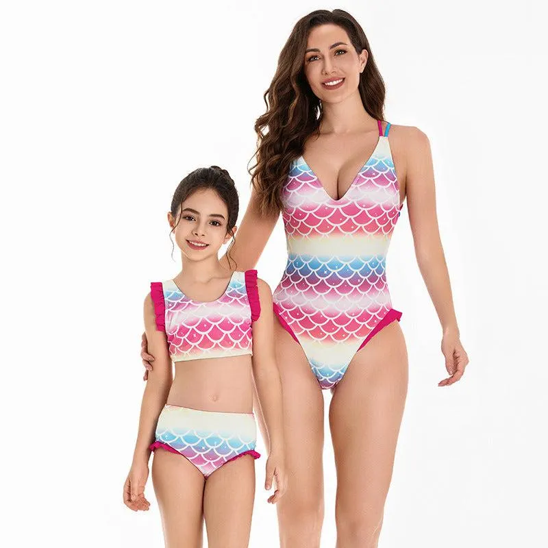 Mother & Daughter Pastel Mermaid Scales Swimsuit with Frill Detail