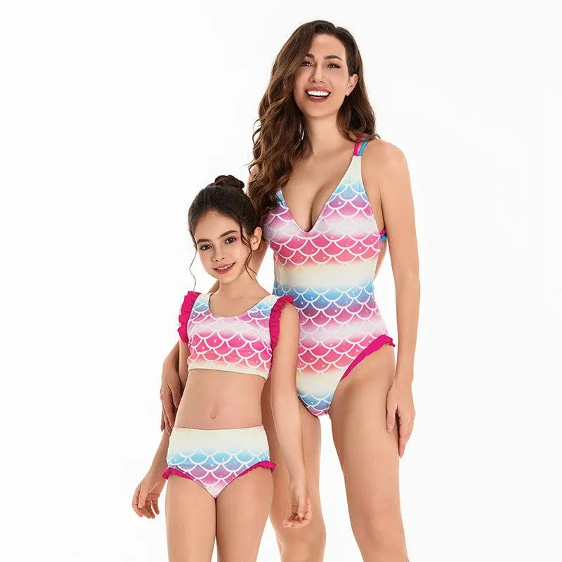 Mother & Daughter Pastel Mermaid Scales Swimsuit with Frill Detail