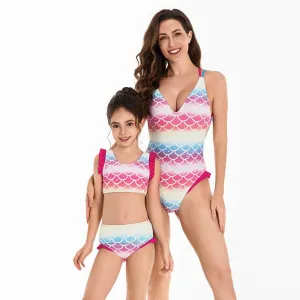 Mother & Daughter Pastel Mermaid Scales Swimsuit with Frill Detail