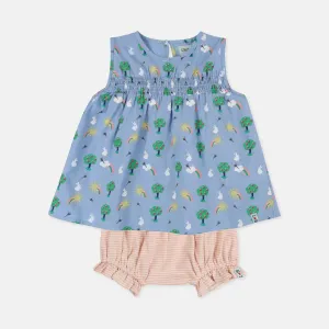 Multicoloured Bunny Print Dress and Short Set