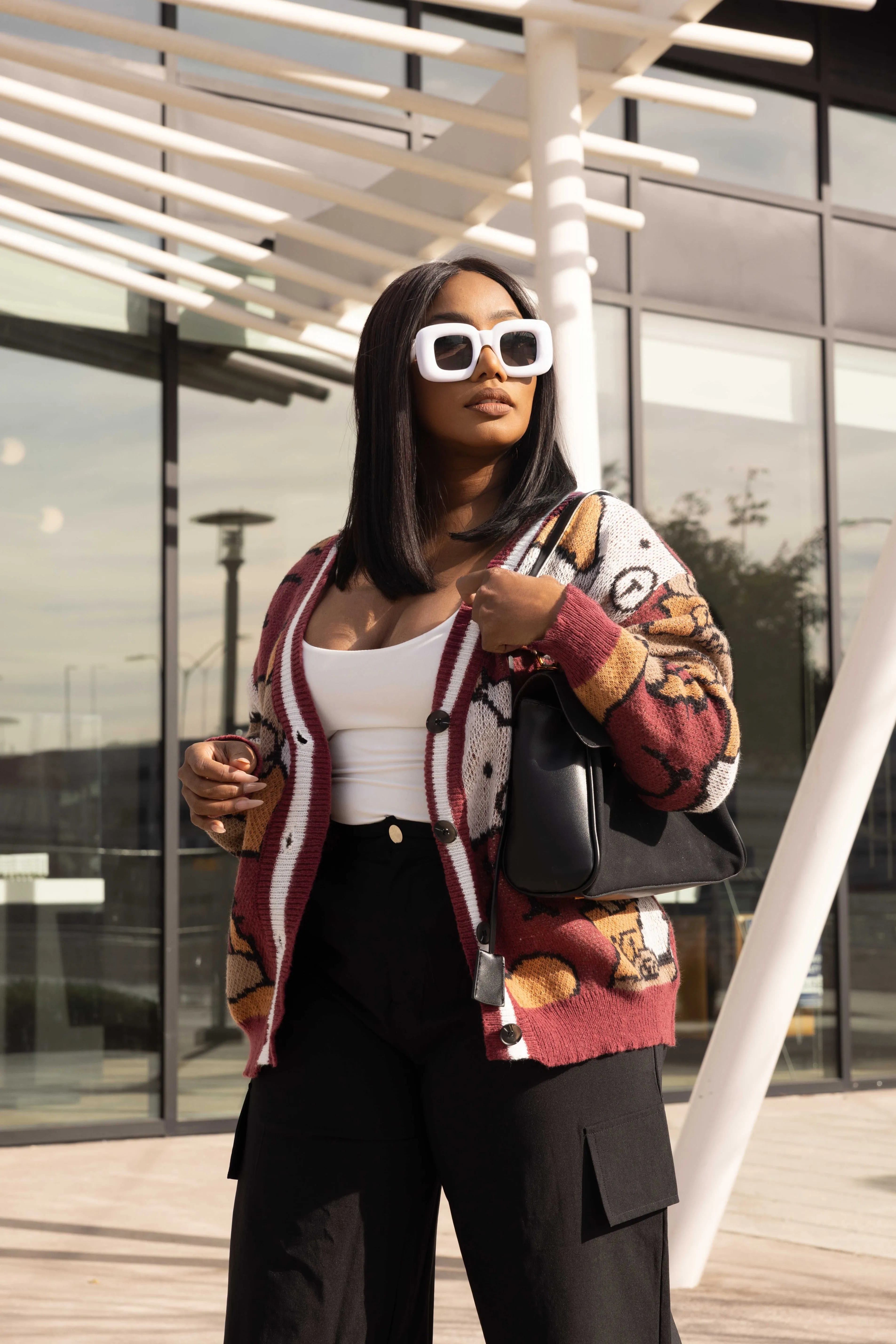 MY FAVORITE TEDDY BEAR PRINT CARDIGAN- MAROON MULTI