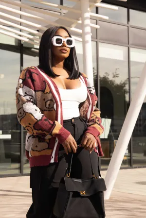 MY FAVORITE TEDDY BEAR PRINT CARDIGAN- MAROON MULTI