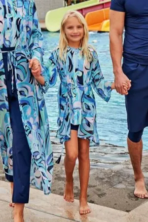 Navy Blue Aqua Elegant Beach Cover-up Kimono for Girl (Kids)