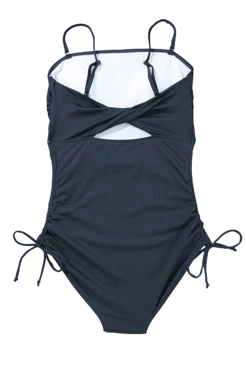 Navy Blue Ribbed Drawstring Sides Cutout One Piece Swimsuit