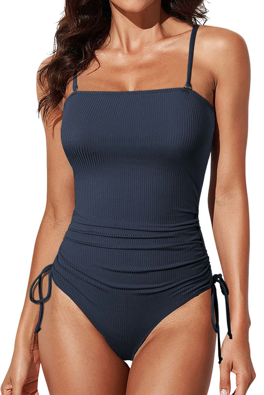 Navy Blue Ribbed Drawstring Sides Cutout One Piece Swimsuit