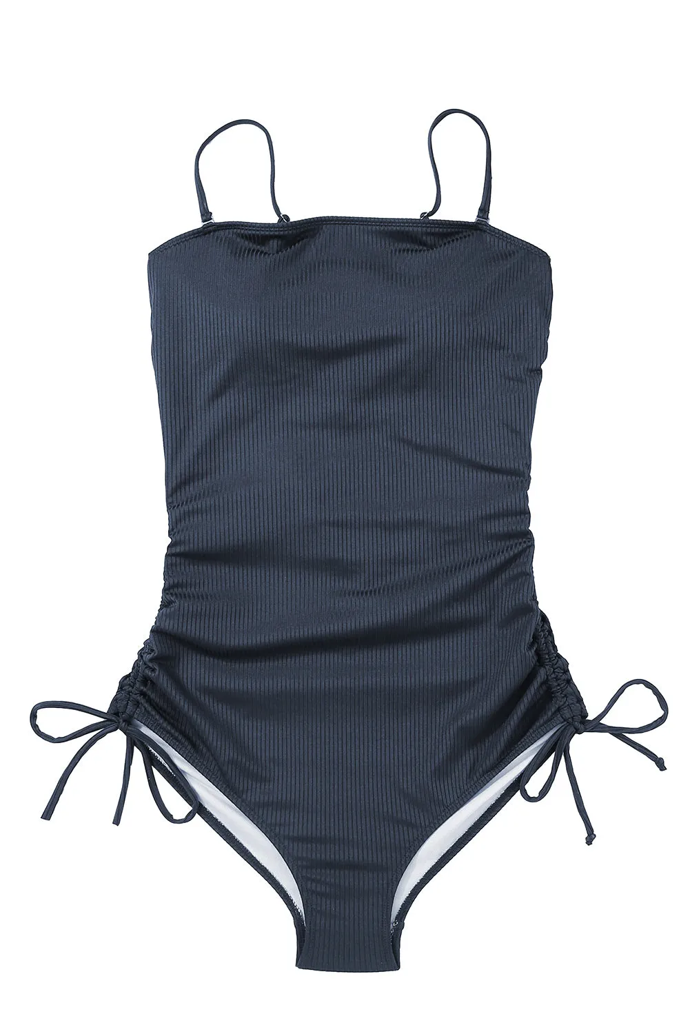 Navy Blue Ribbed Drawstring Sides Cutout One Piece Swimsuit