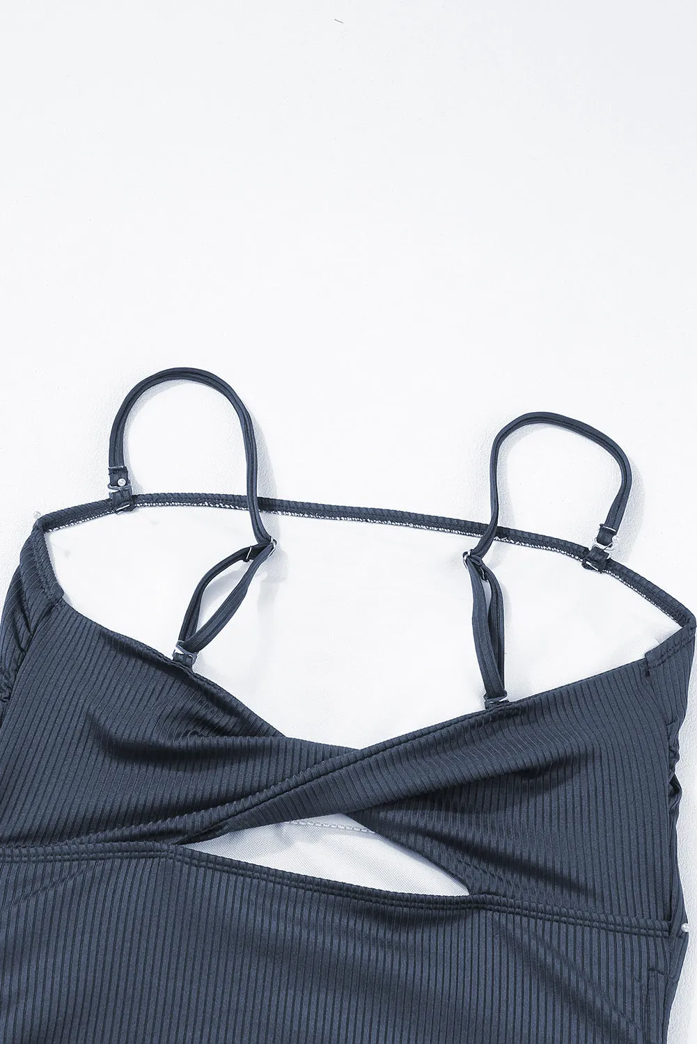 Navy Blue Ribbed Drawstring Sides Cutout One Piece Swimsuit