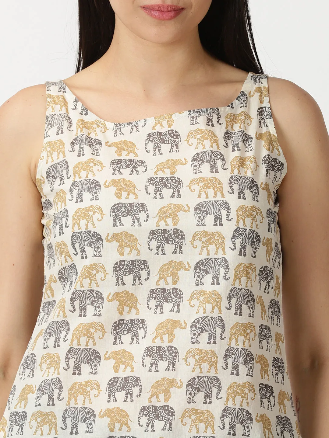 Off White Sanganeri Elephant  Print Cotton Tank Top