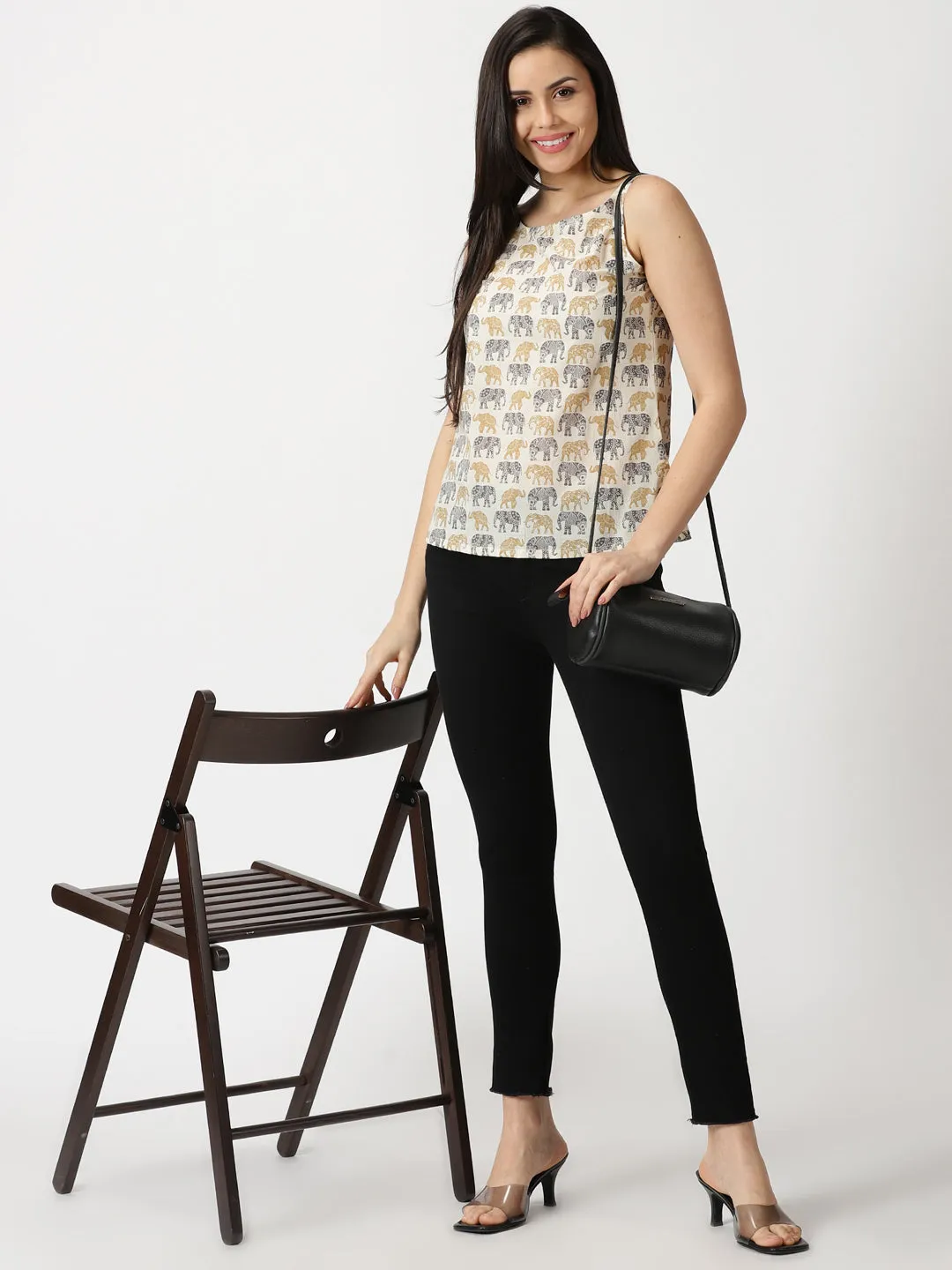 Off White Sanganeri Elephant  Print Cotton Tank Top