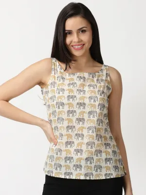 Off White Sanganeri Elephant  Print Cotton Tank Top