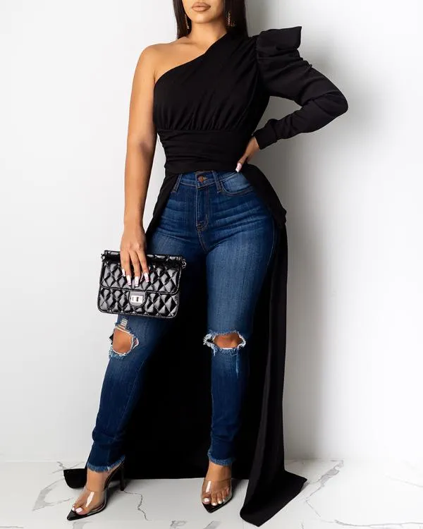 One Shoulder High Low Skirted Blouse