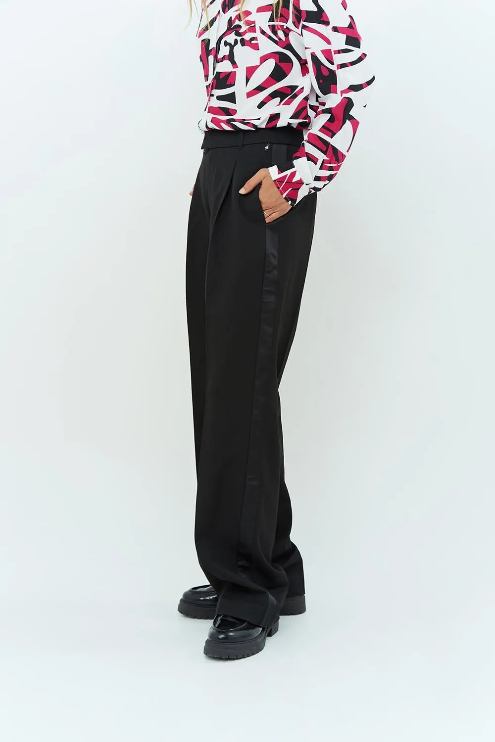 PIETRO - Pantalon large de costume noir à rayures tennis pailletées