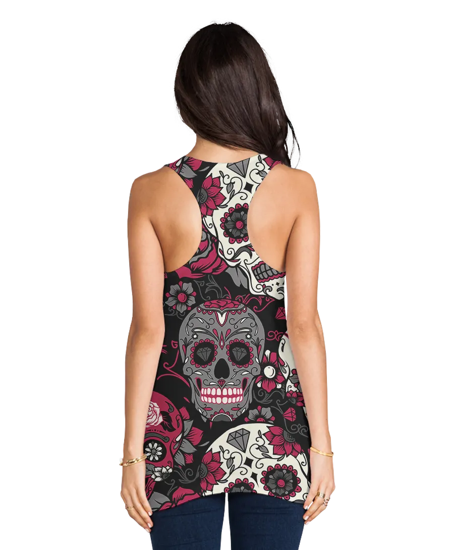 Pink & Grey Sugar Skulls Flowy Racerback Tank Top