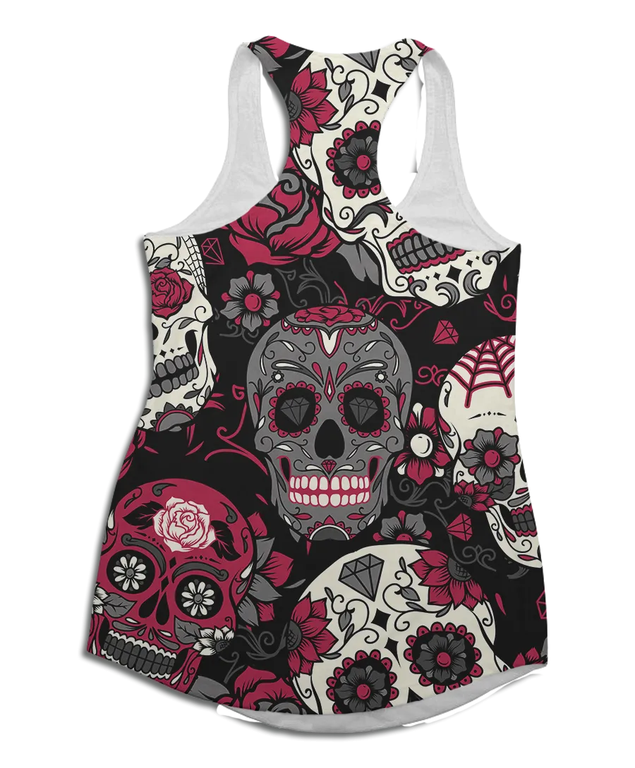 Pink & Grey Sugar Skulls Flowy Racerback Tank Top