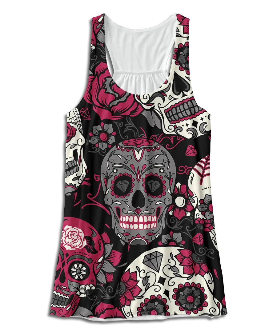 Pink & Grey Sugar Skulls Flowy Racerback Tank Top