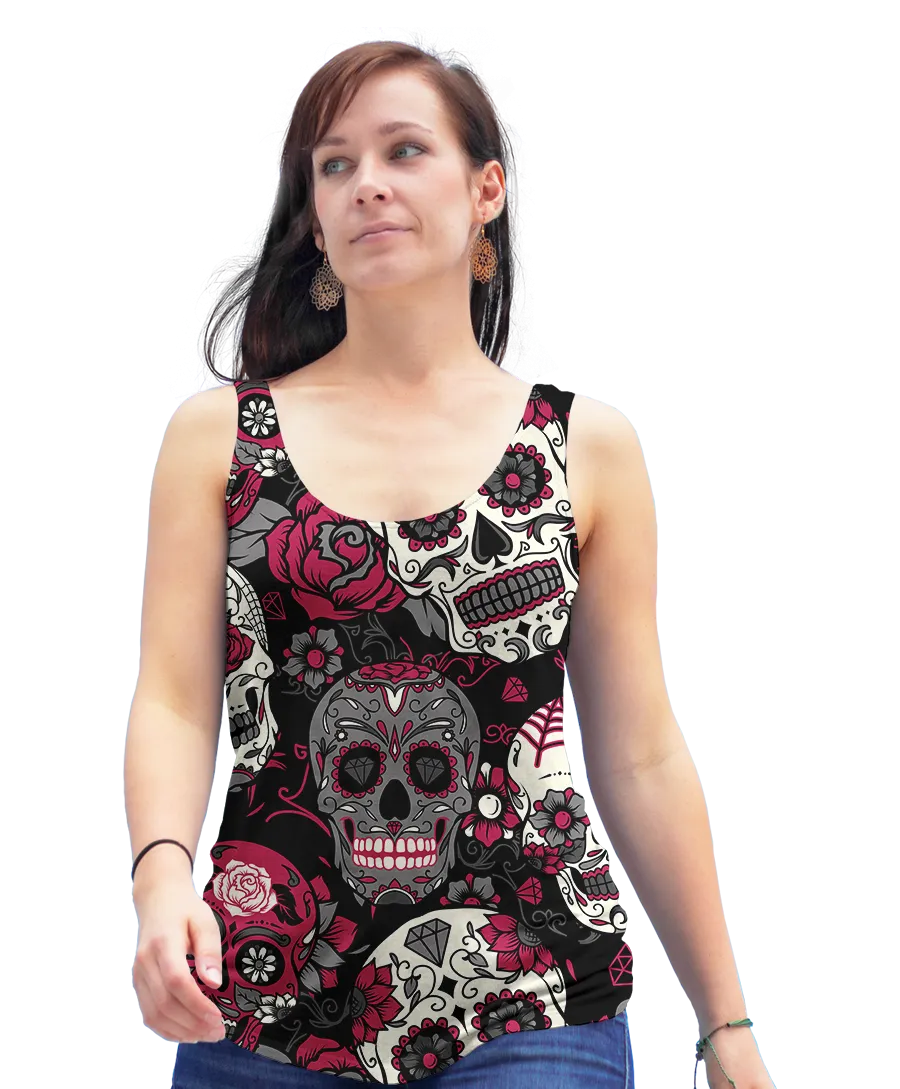 Pink & Grey Sugar Skulls Flowy Racerback Tank Top
