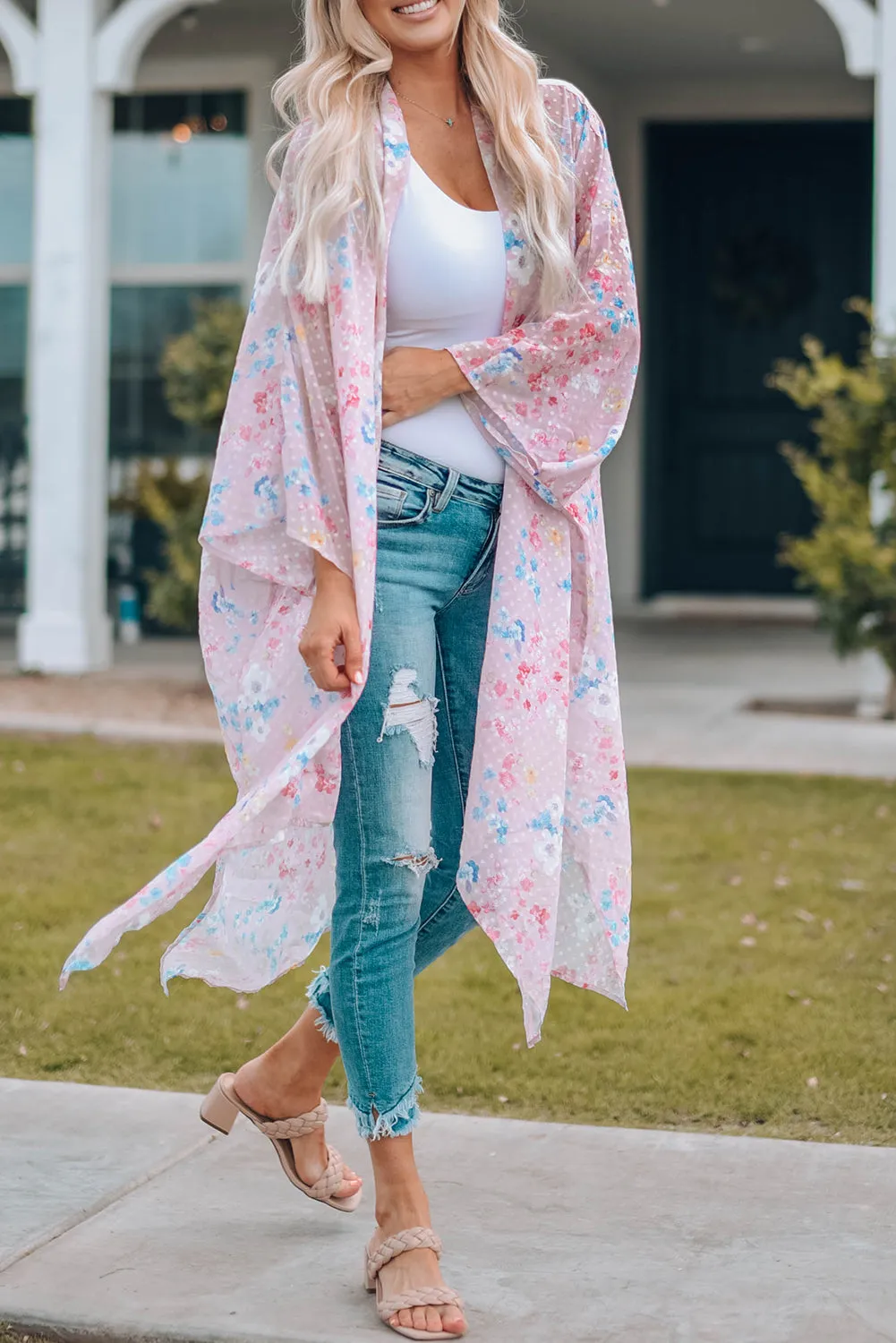 Pink Floral Dot Print Open Front Kimono