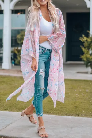 Pink Floral Dot Print Open Front Kimono