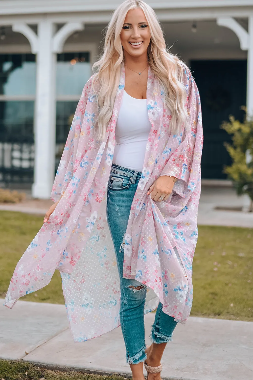 Pink Floral Dot Print Open Front Kimono