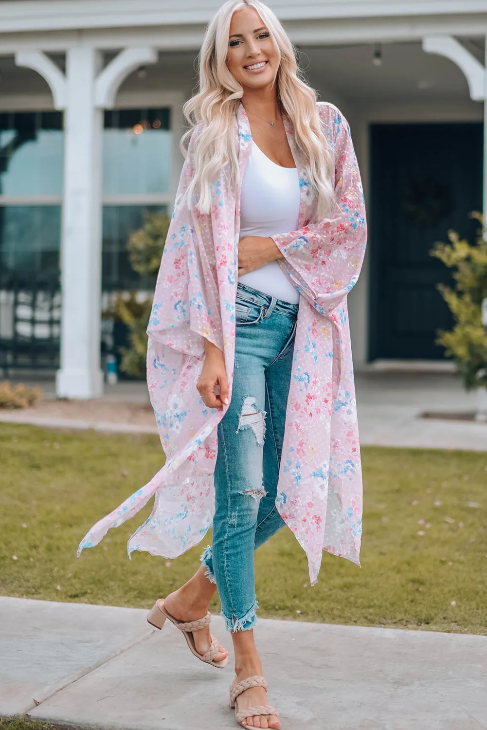 Pink Floral Dot Print Open Front Kimono