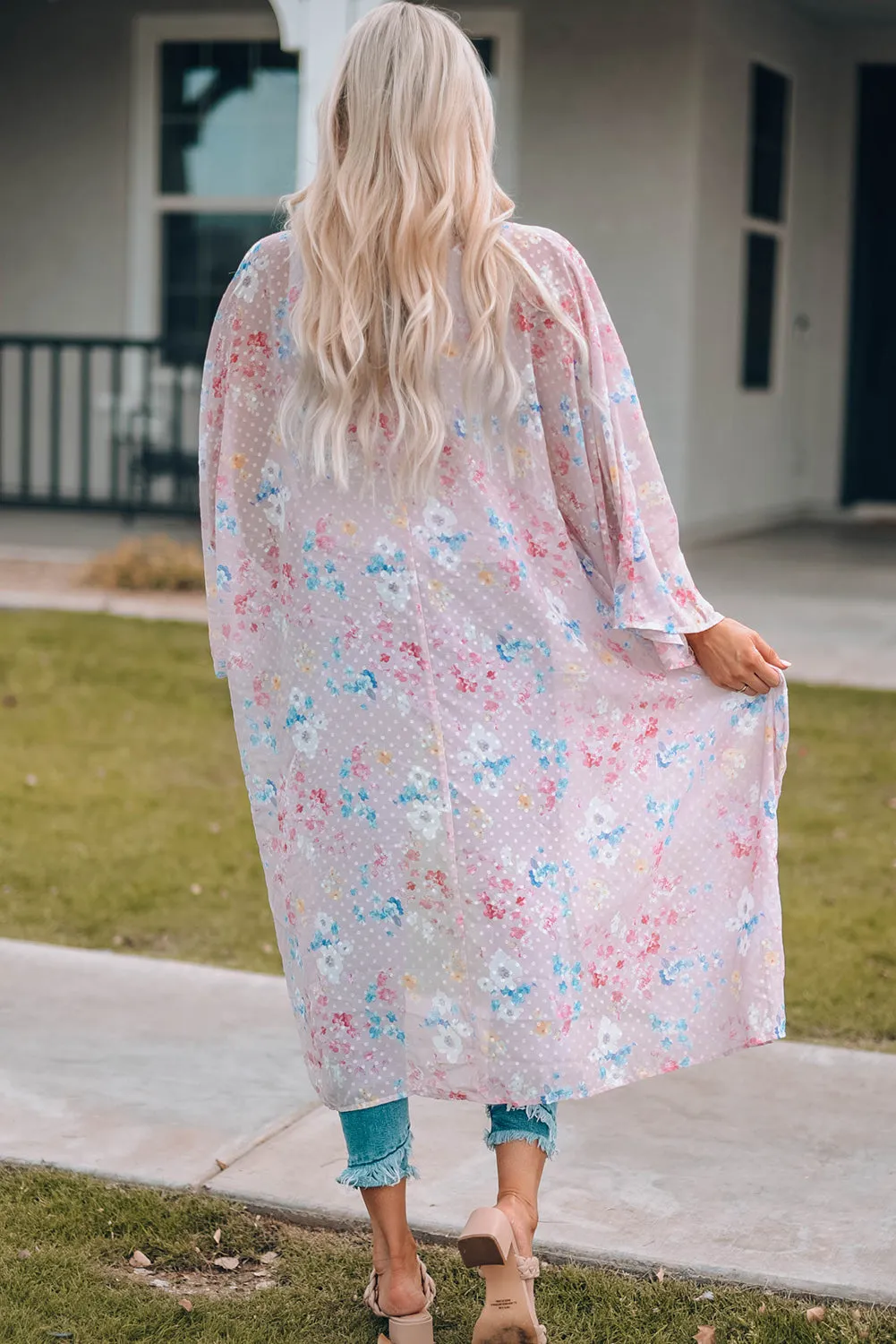 Pink Floral Dot Print Open Front Kimono